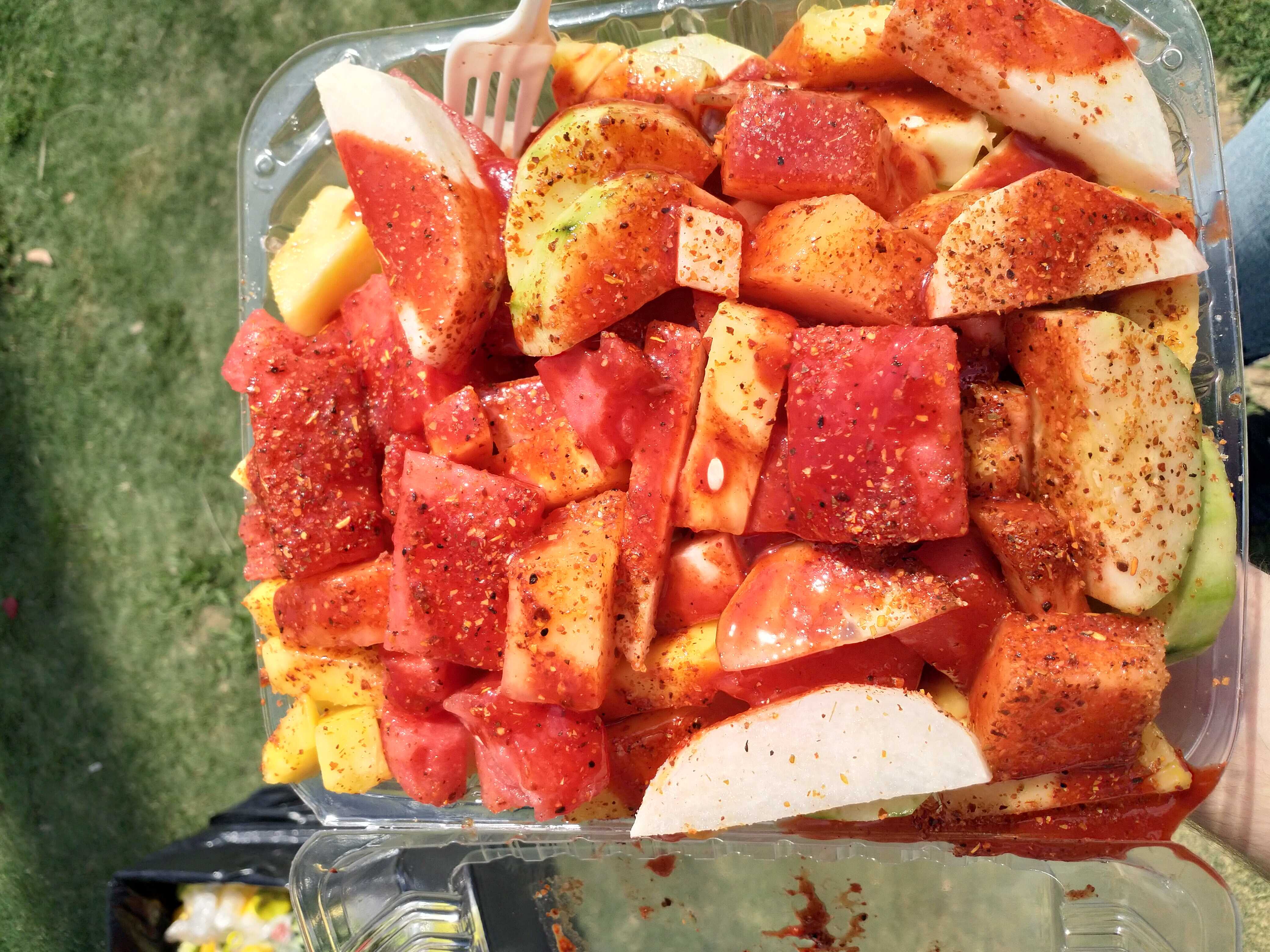 A typical fruit salad served by one of the many street vendors in Southern California.